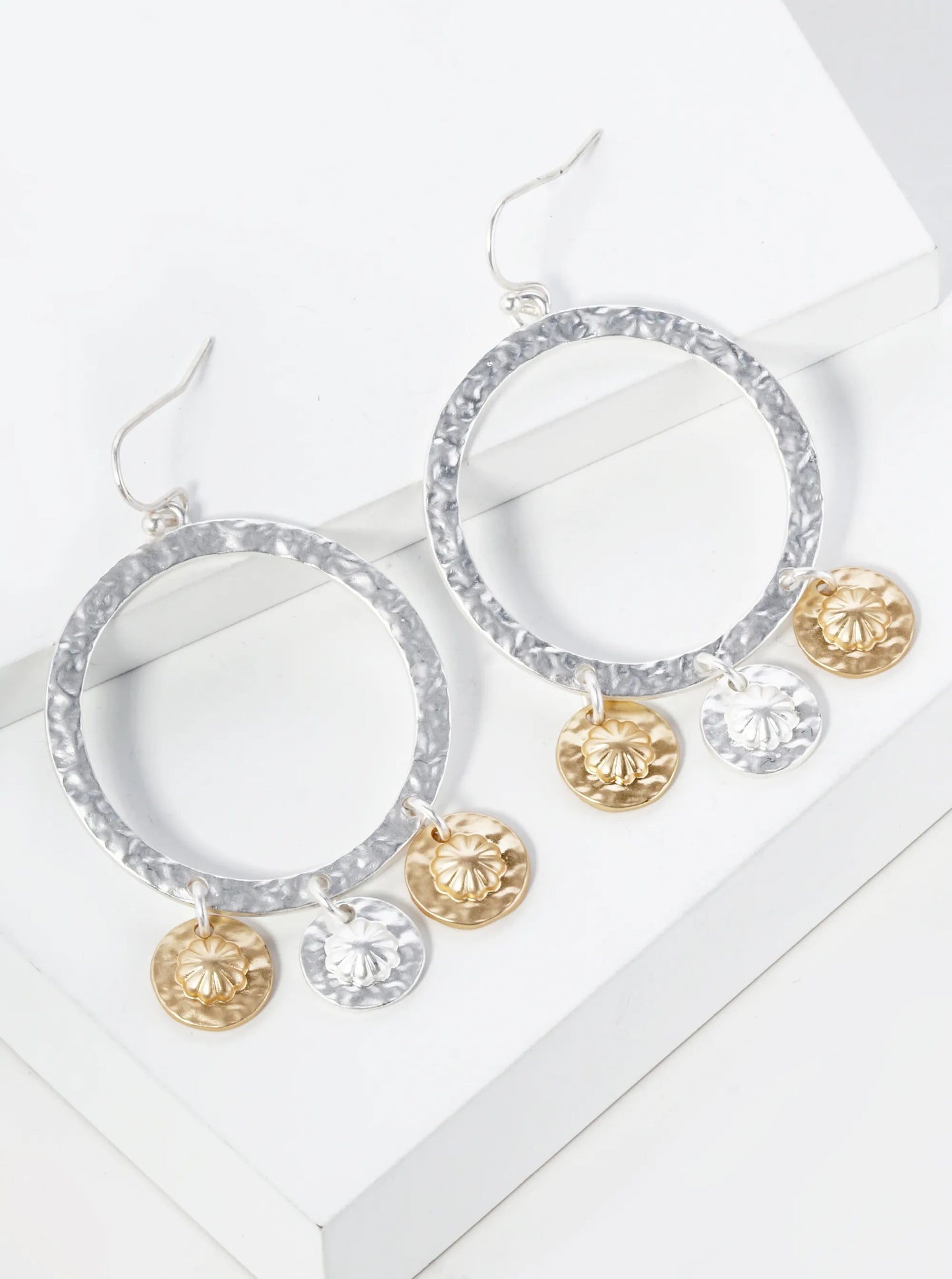 Two-Tone Hammered Circle Dangle Drop Earrings With Disc Charms