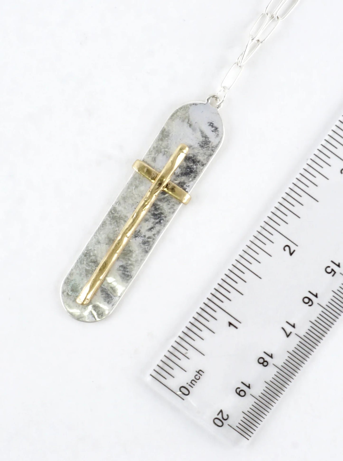 Two-Tone Hammered Cross Bar Pendant Necklace
