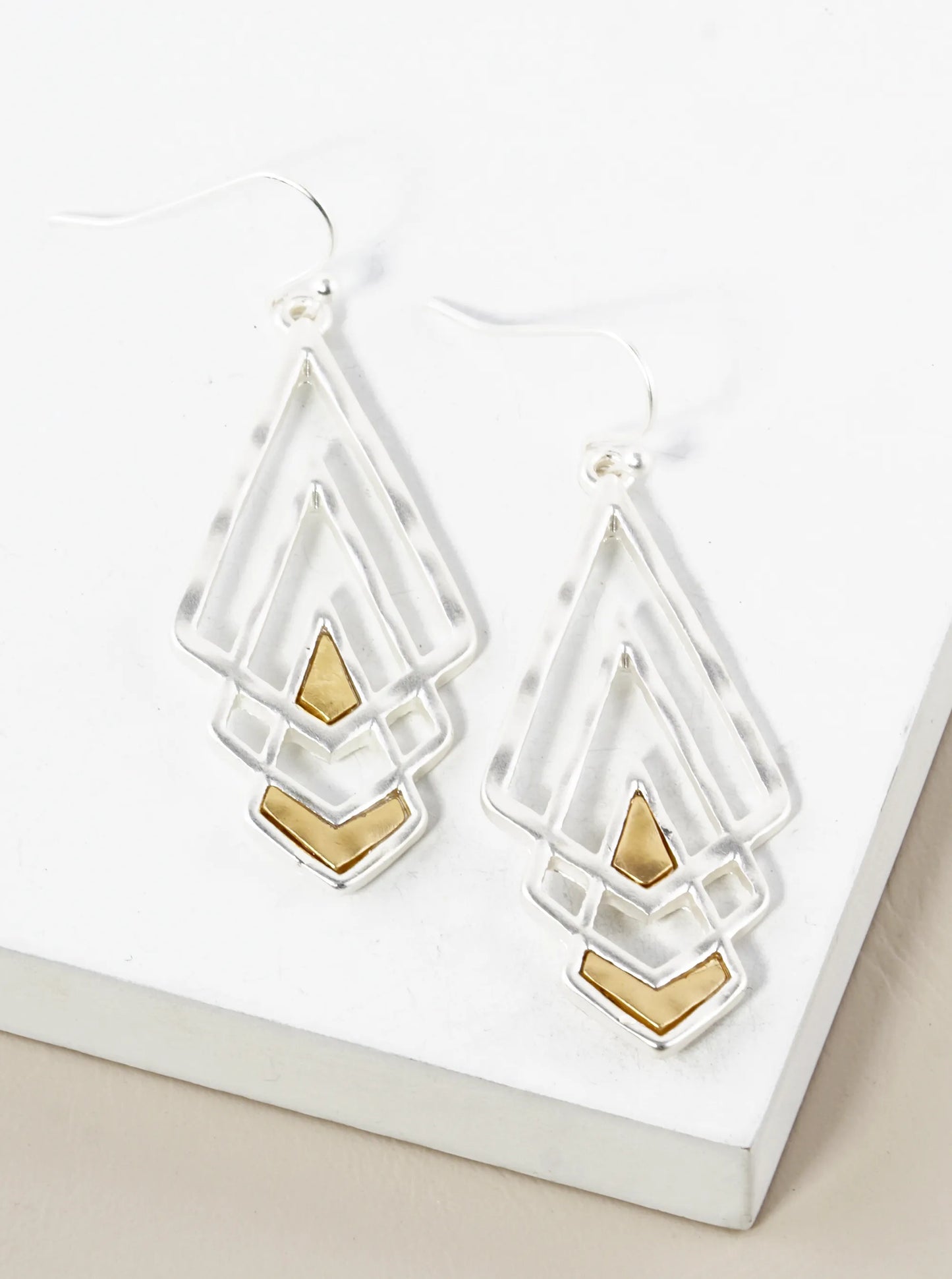 Two-Tone Hammered Graduated 3 Marquise Drop Geometric Dangle Earrings