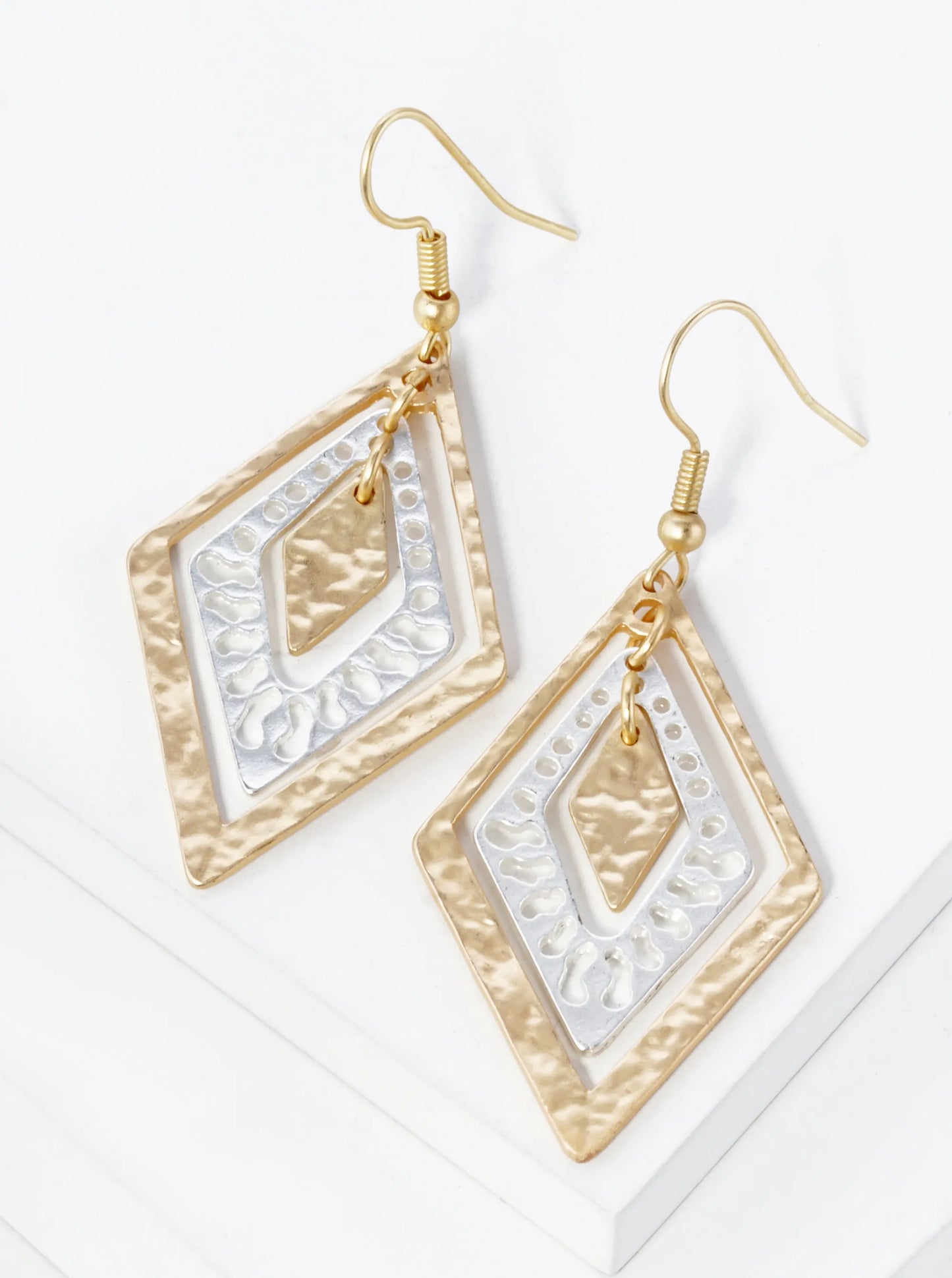 Two-Tone Hammered Metal Rhombus Shape Filigree Dangle Earrings