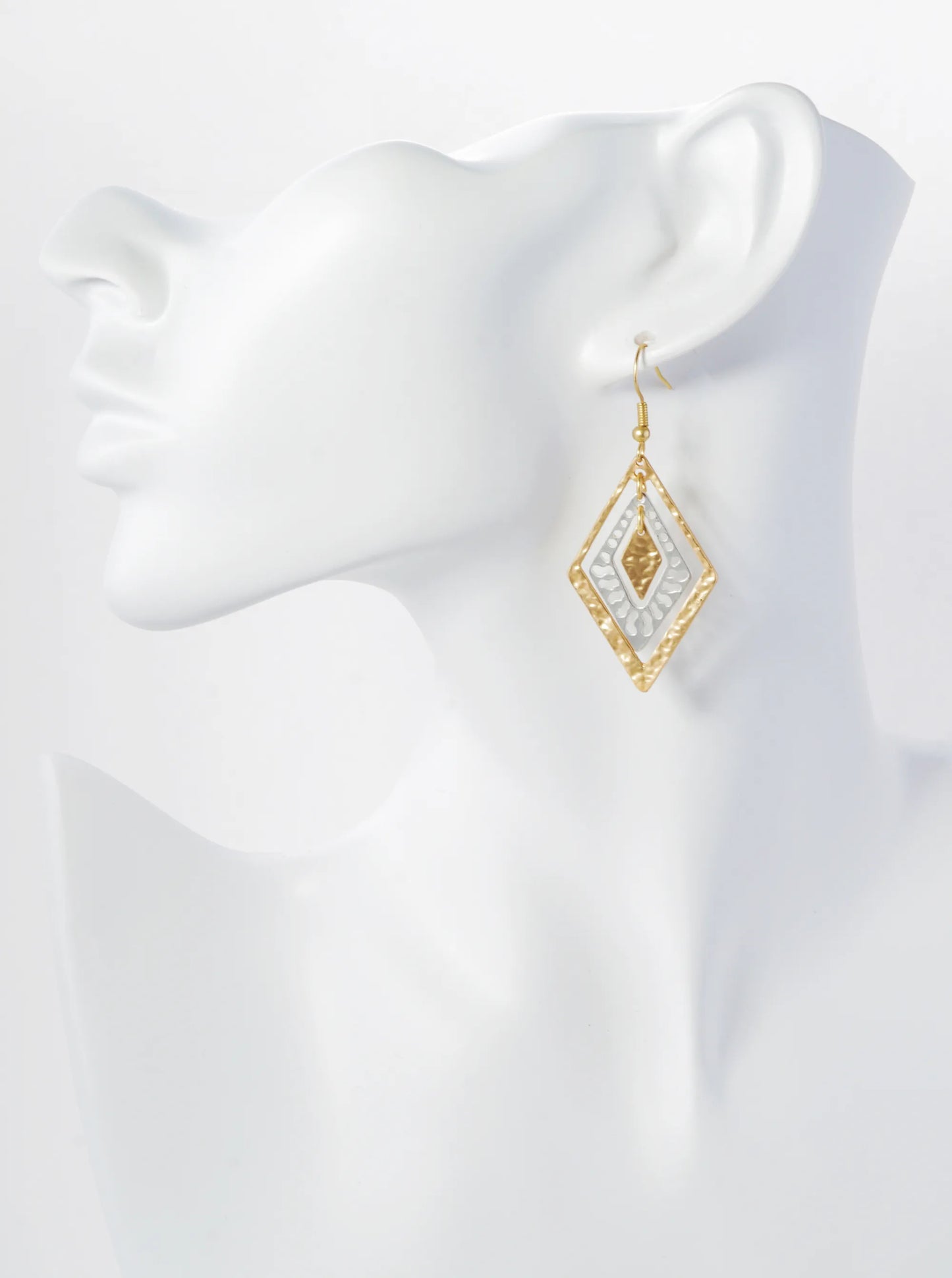 Two-Tone Hammered Metal Rhombus Shape Filigree Dangle Earrings