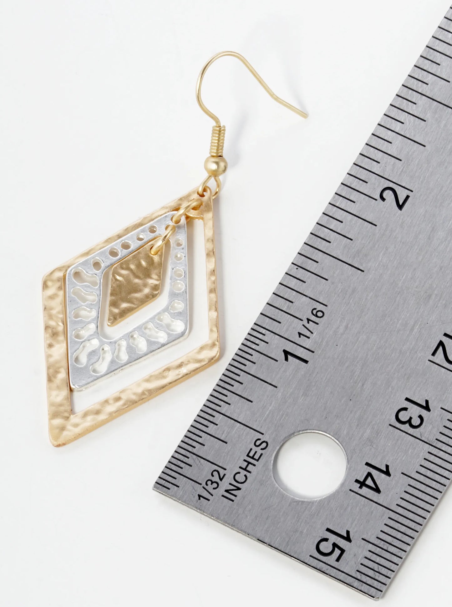Two-Tone Hammered Metal Rhombus Shape Filigree Dangle Earrings