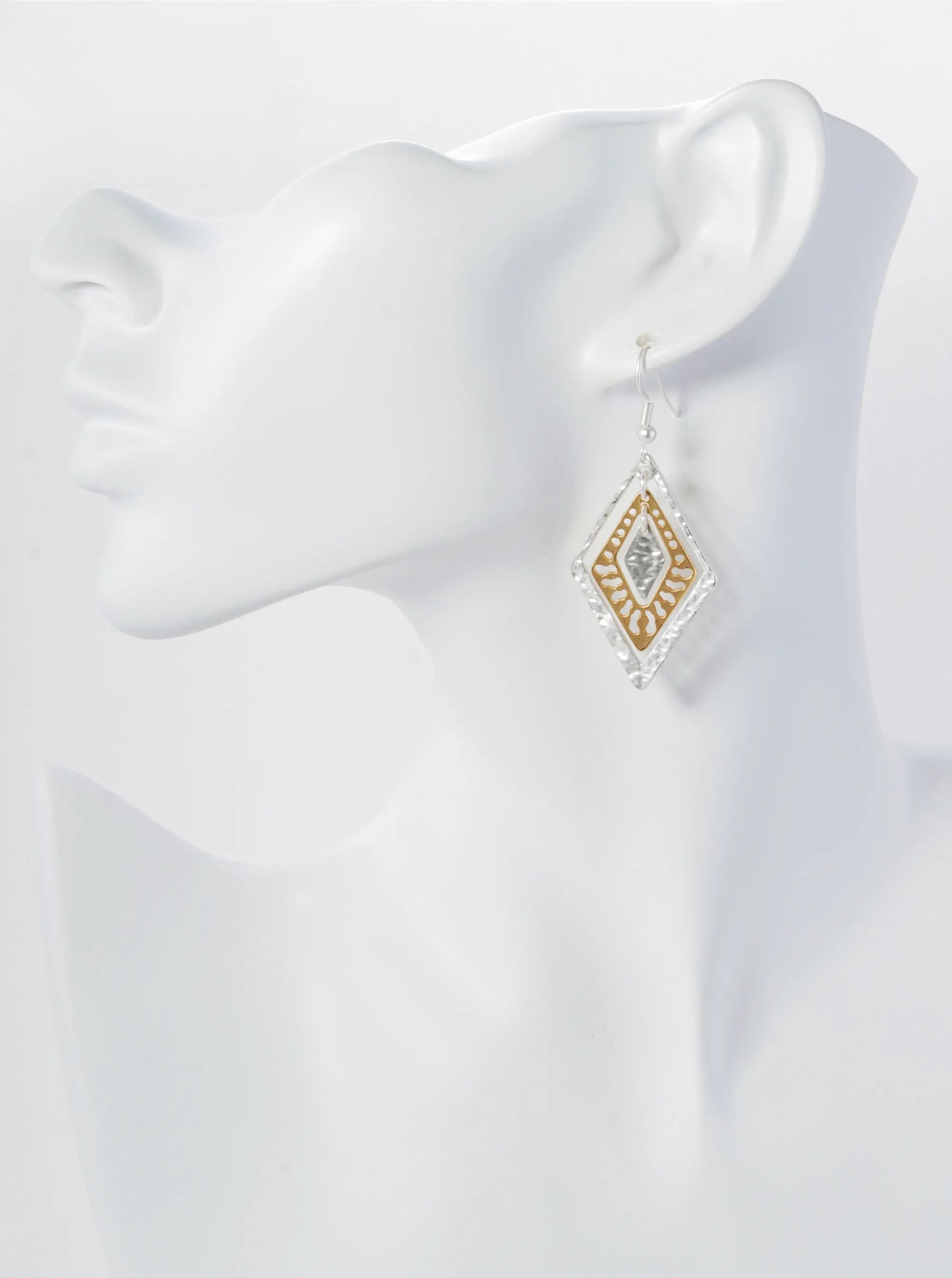Two-Tone Hammered Metal Rhombus Shape Filigree Dangle Earrings