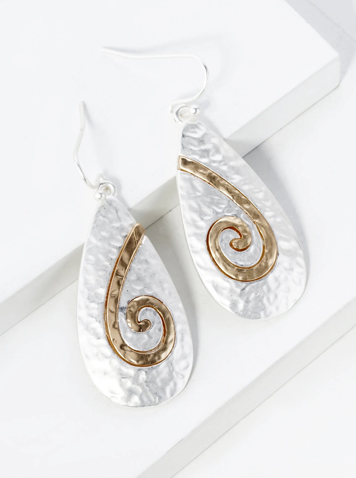 Two-Tone Hammered Metal Spiral Teardrop Dangle Earrings