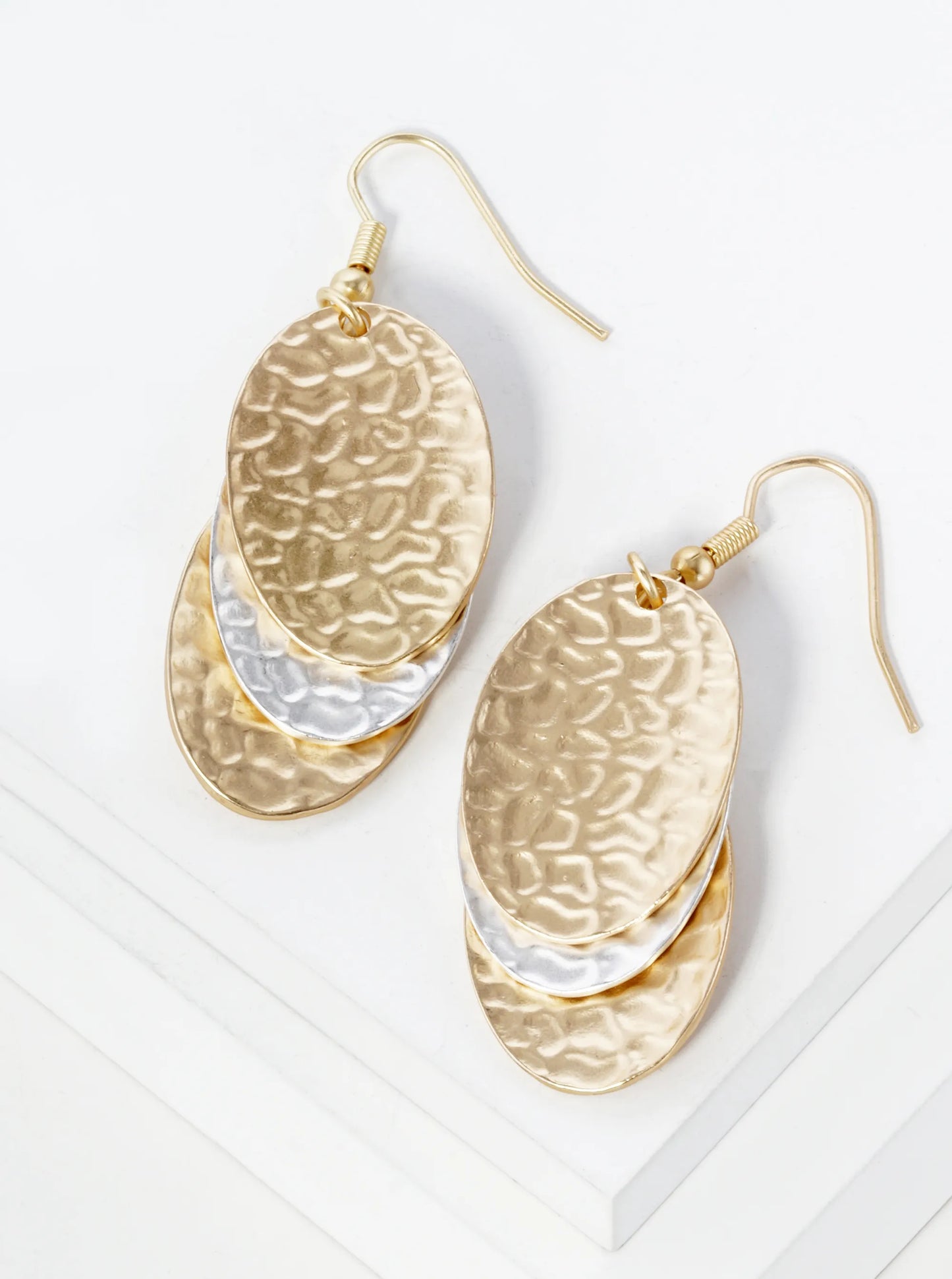 Two-Tone Hammered Metal Three Oval Drop Dangle Earrings