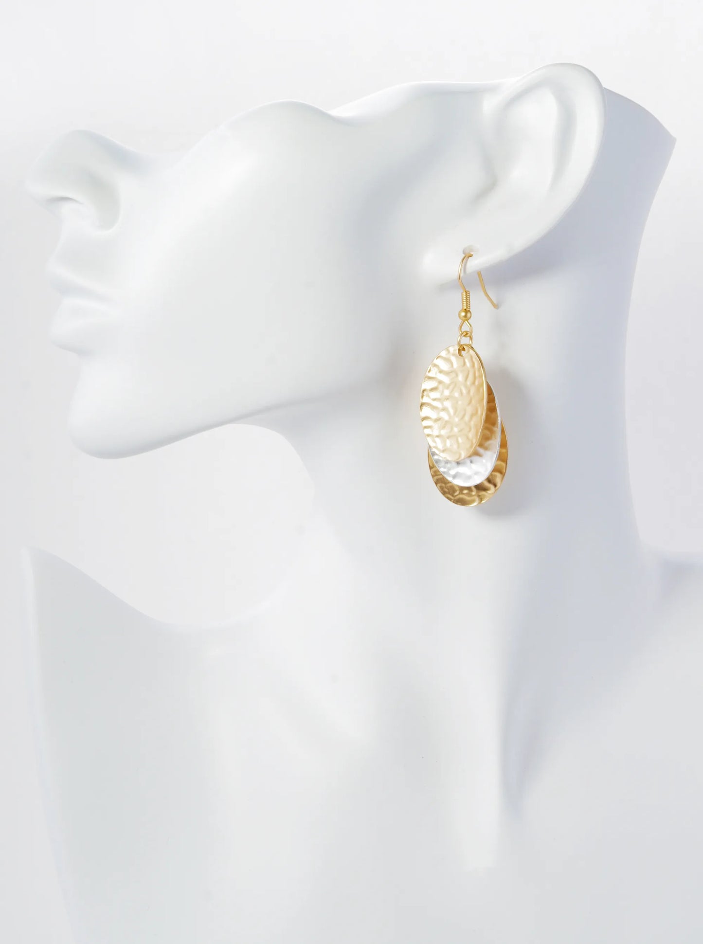 Two-Tone Hammered Metal Three Oval Drop Dangle Earrings