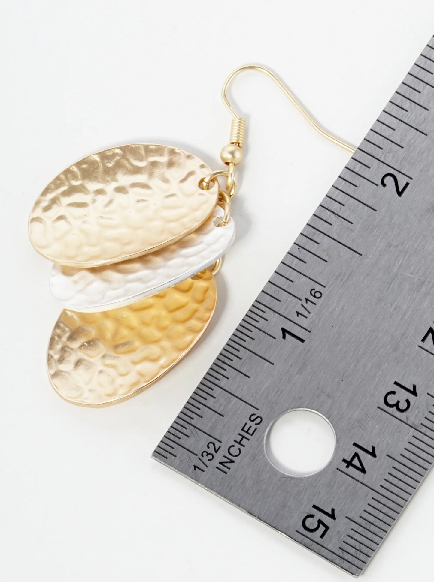 Two-Tone Hammered Metal Three Oval Drop Dangle Earrings