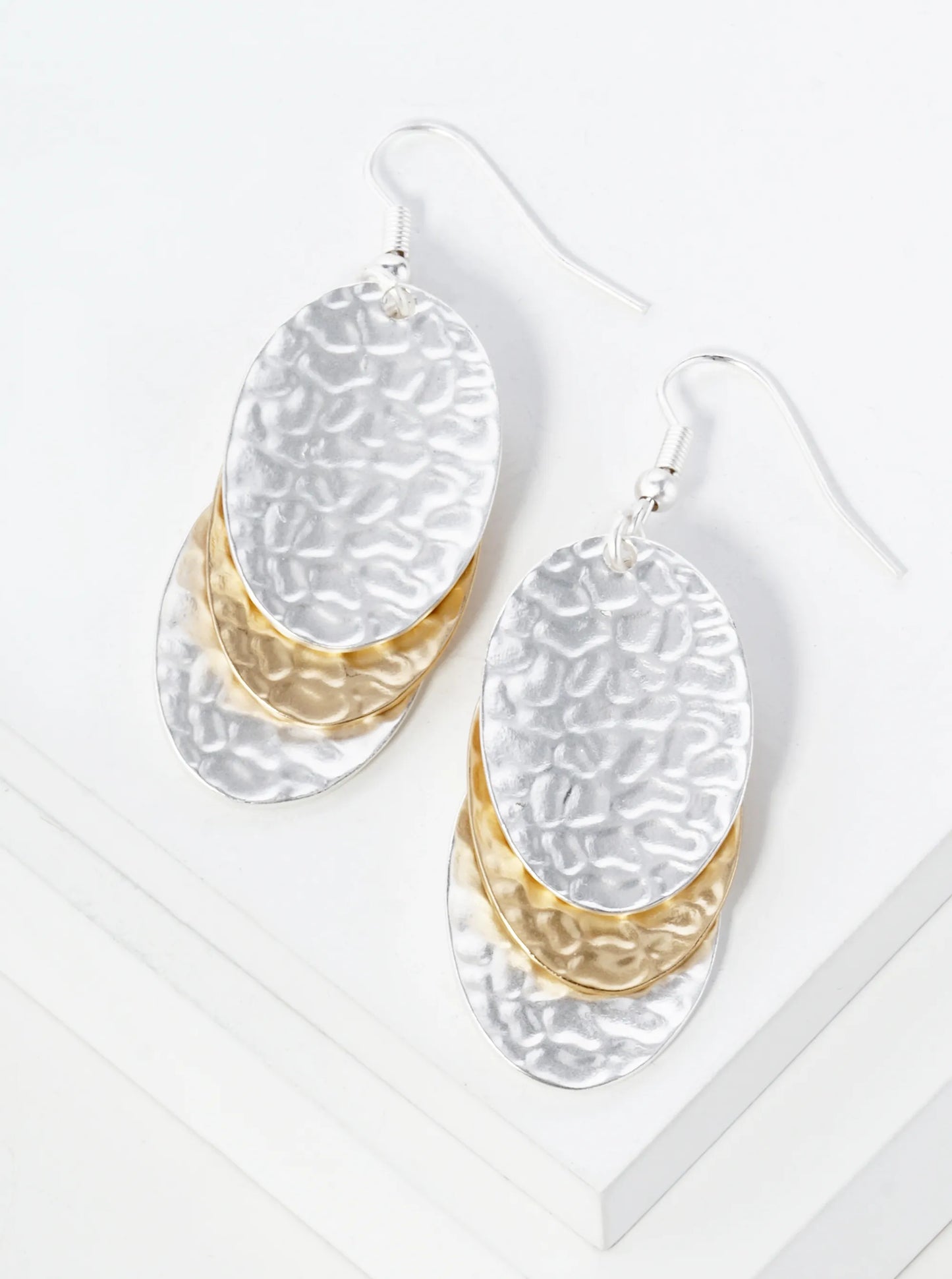 Two-Tone Hammered Metal Three Oval Drop Dangle Earrings