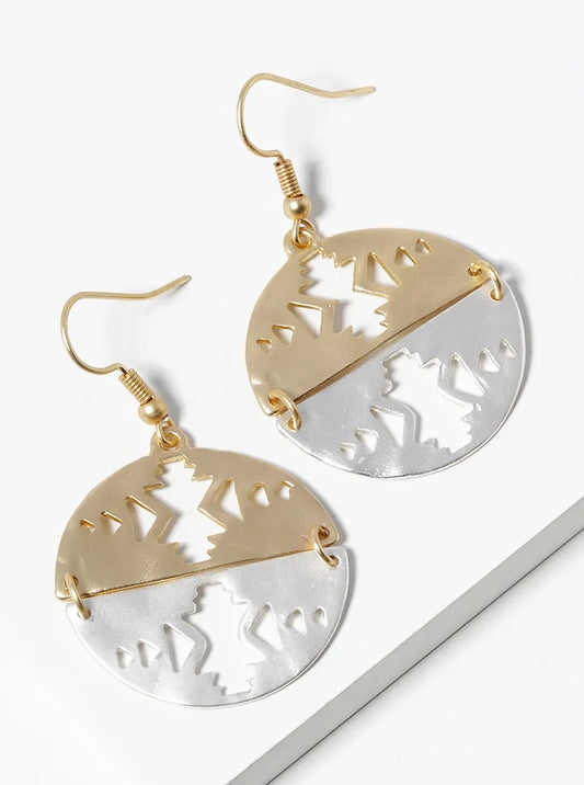 Two-Tone Navajo Aztec Pattern Cutout Metal Dangle Drop Earrings