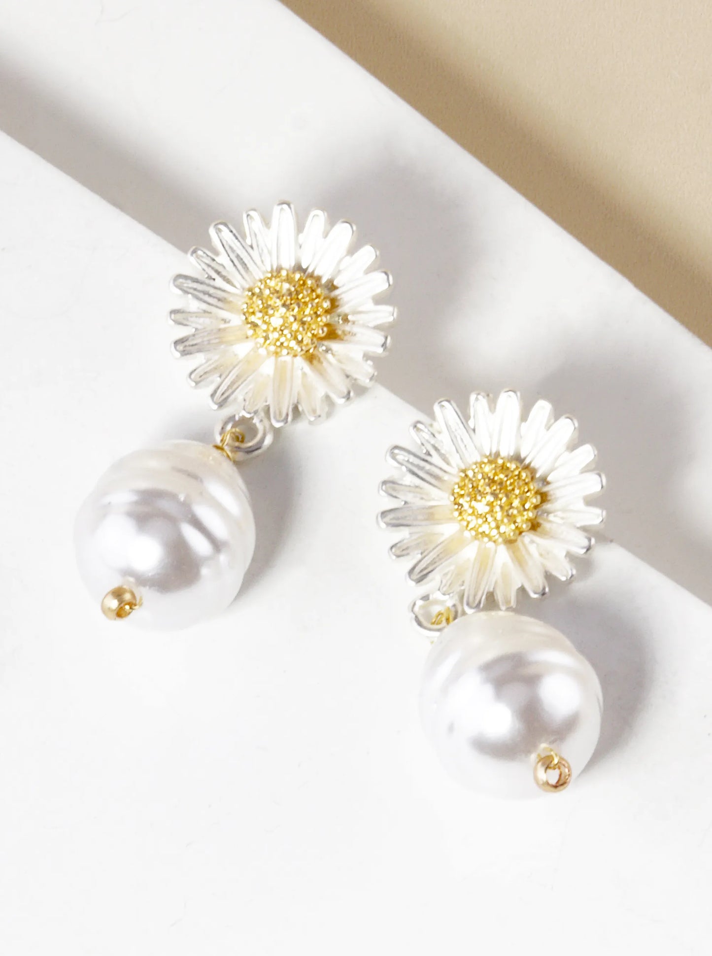 Two-Tone Pearl Drop Flower Dangle Post Earrings