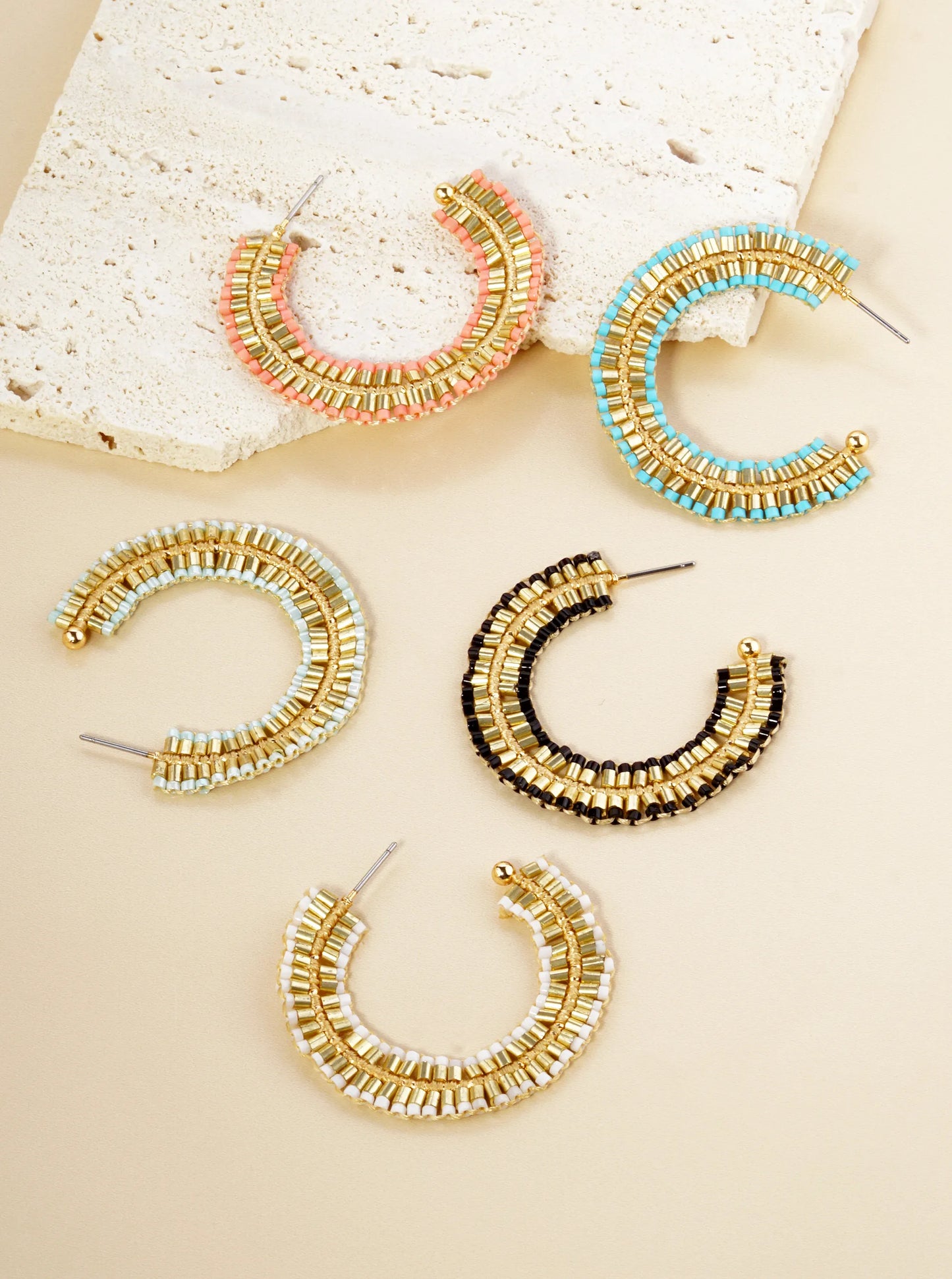 Two-Tone Seed Beaded 40mm Open Hoop Earrings