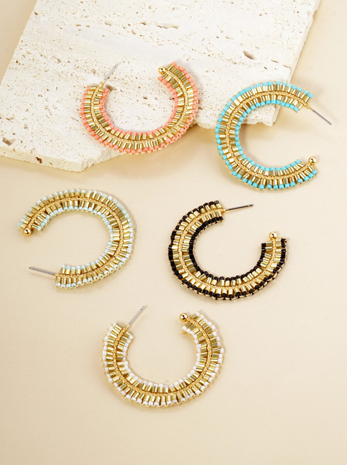 Two-Tone Seed Beaded 40mm Open Hoop Earrings