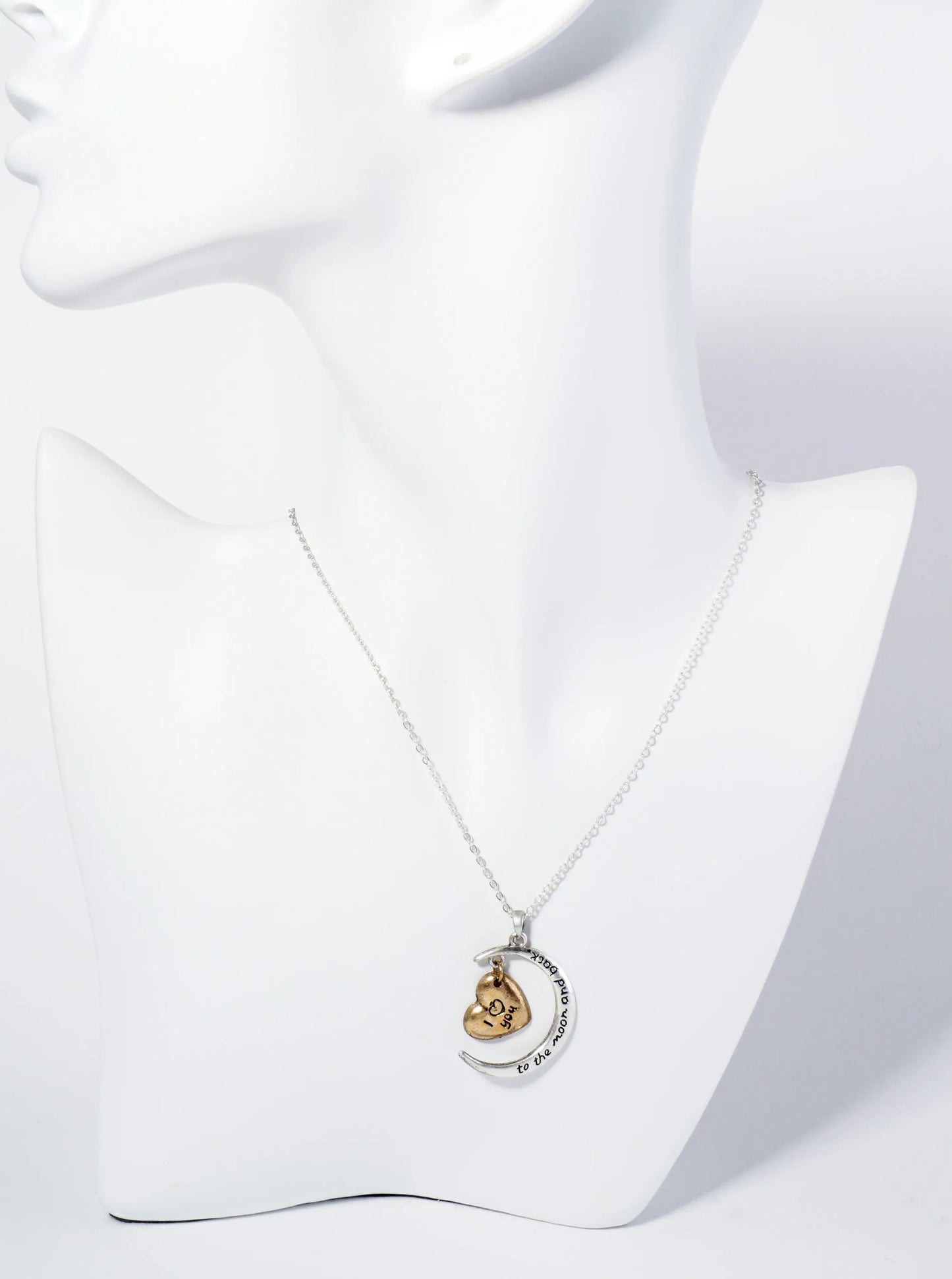 Two-Tone Sentimental Phrase Engraved Heart Embraced Moon Pendant Necklace