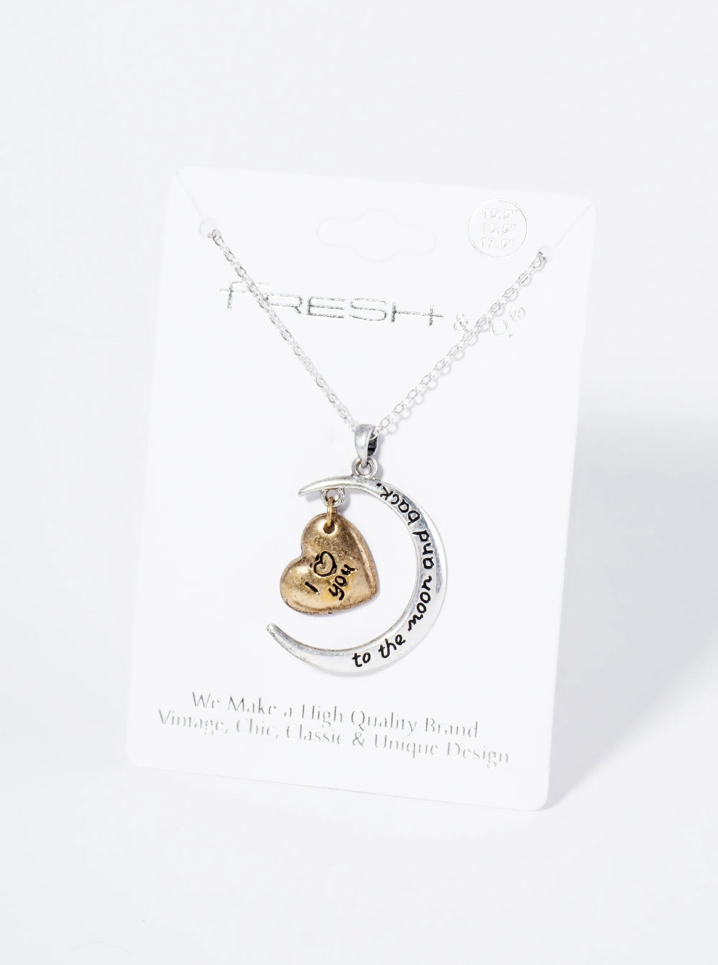 Two-Tone Sentimental Phrase Engraved Heart Embraced Moon Pendant Necklace