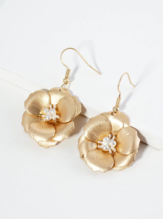 Two-Tone Textured Metal Flower Drop Dangle Earrings