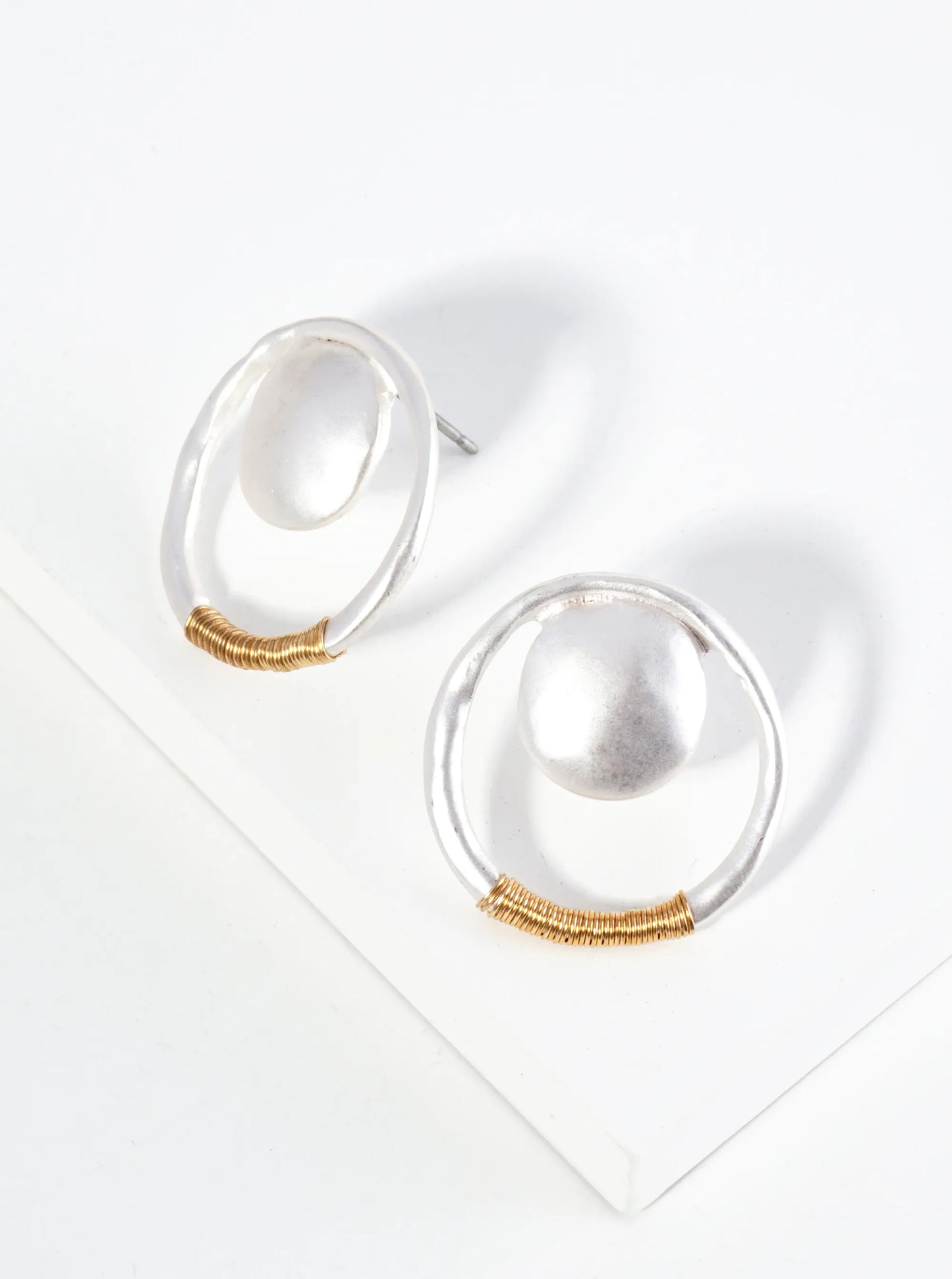 Two-Tone Wire Wrapped Hammered Circle Post Stud Earrings