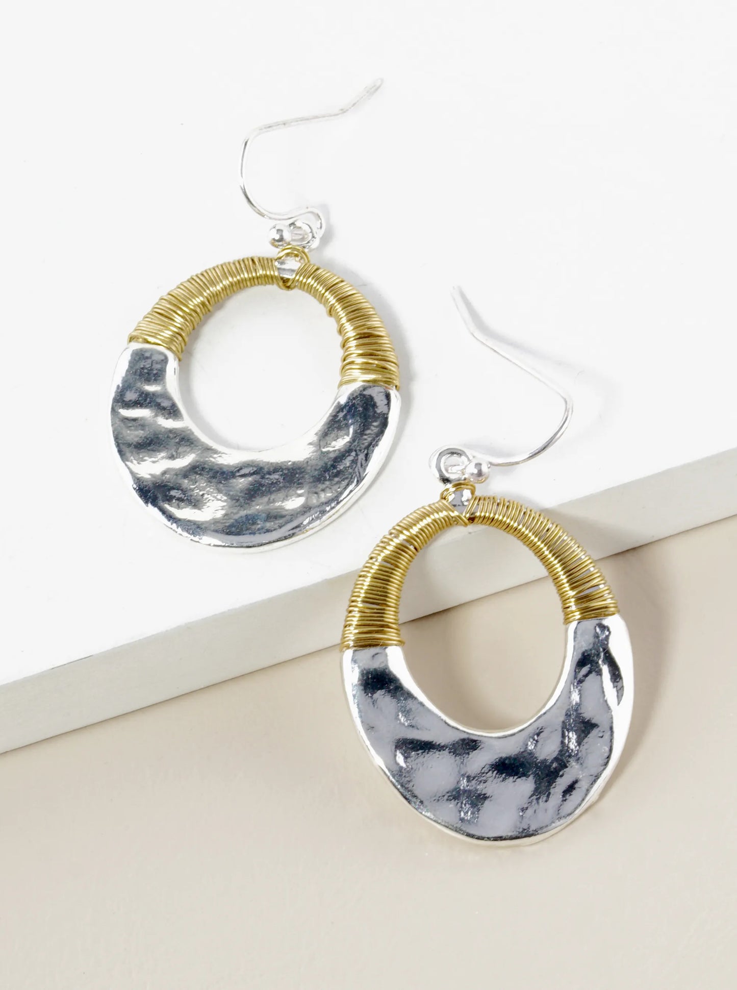 Two-Tone Wire Wrapped Hammered Oval Drop Earrings