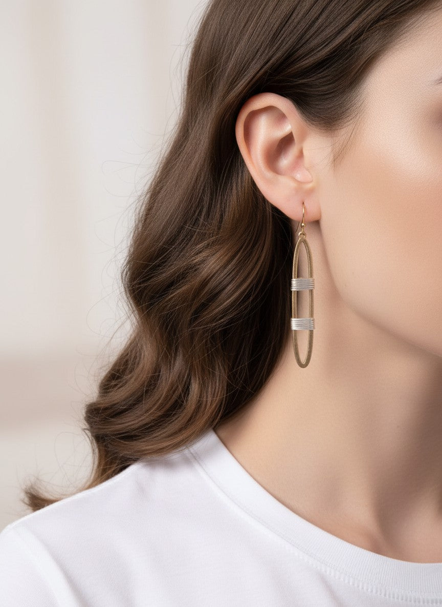Two-Tone Wire Wrapped Oval Matte Hook Earrings