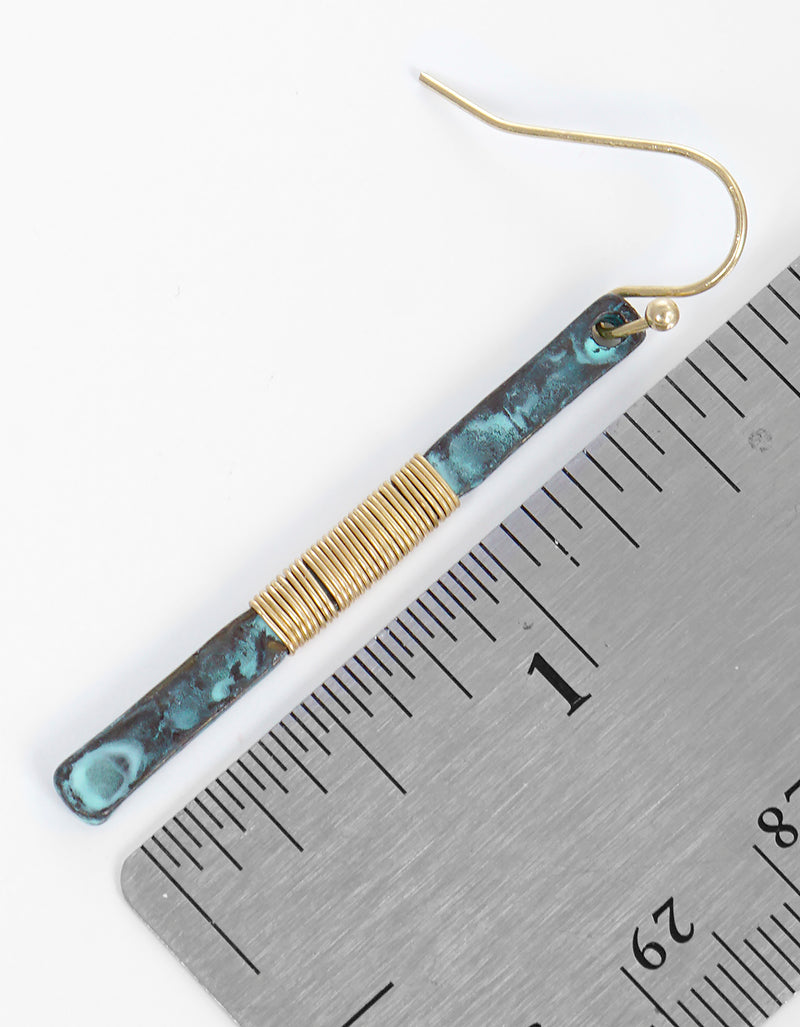 Two-tone Wire Wrapped Hammered Vertical Bar Dangle Drop Earrings