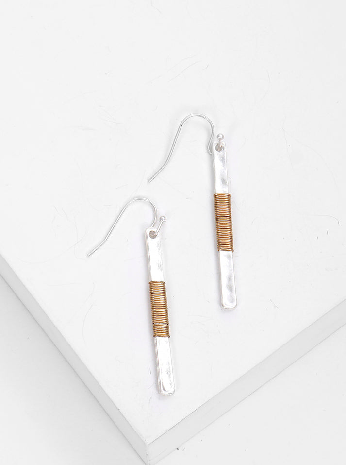 Two-tone Wire Wrapped Hammered Vertical Bar Dangle Drop Earrings