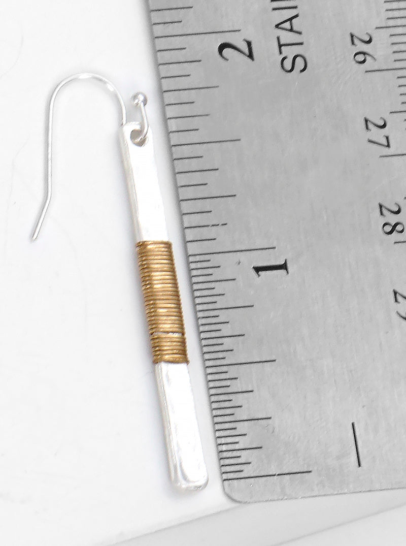 Two-tone Wire Wrapped Hammered Vertical Bar Dangle Drop Earrings