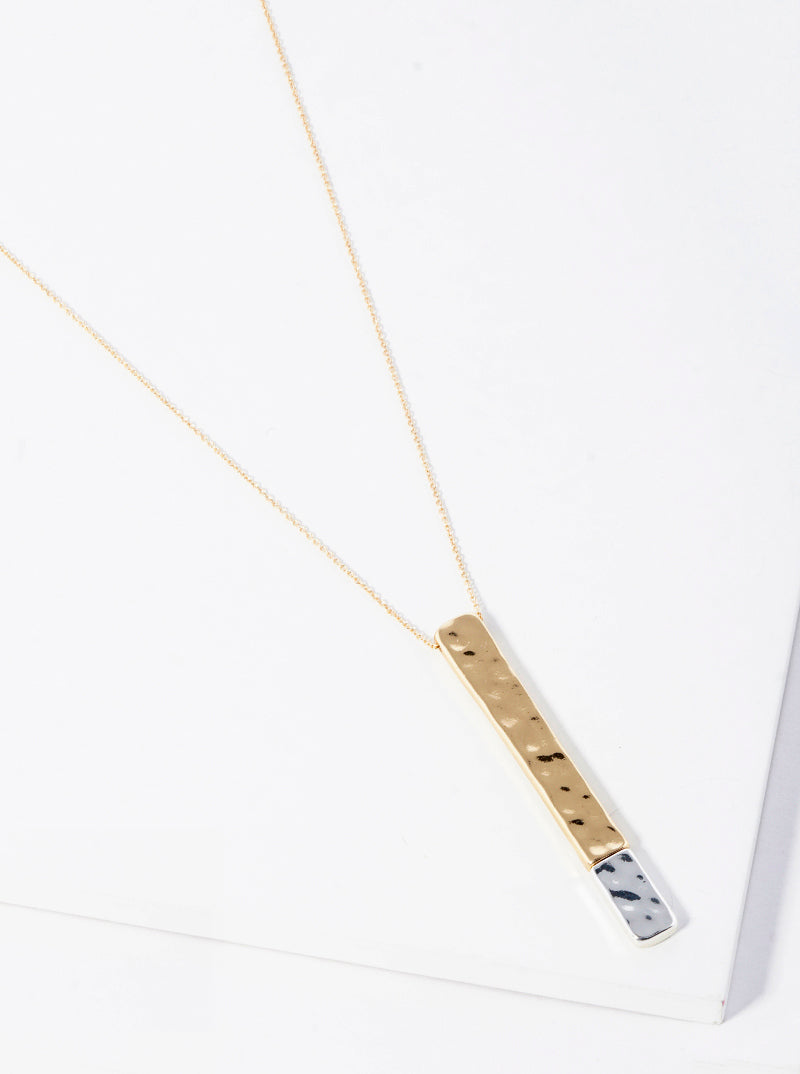 Two Tone Hammered Metal Bar Pendant Long Necklace