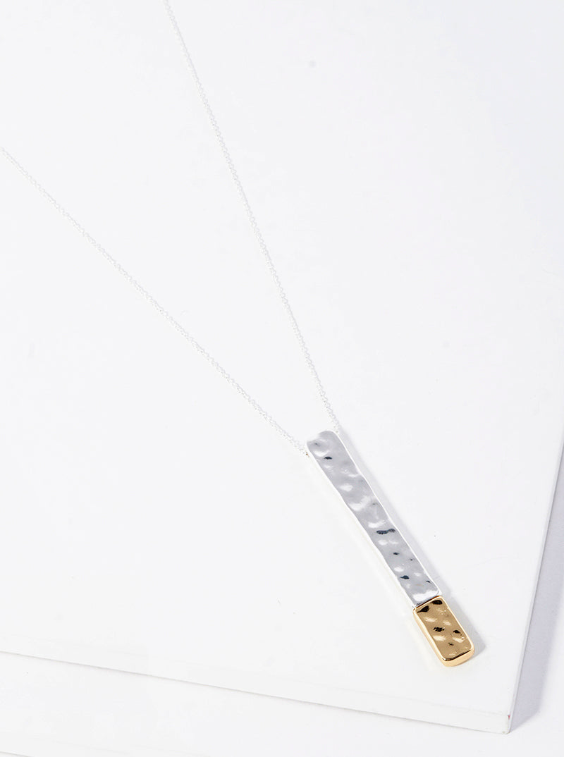 Two Tone Hammered Metal Bar Pendant Long Necklace