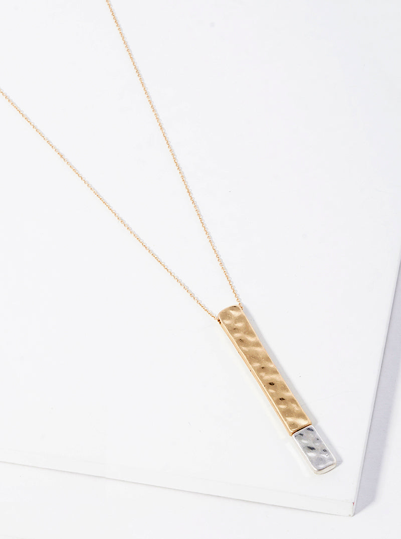 Two Tone Hammered Metal Bar Pendant Long Necklace