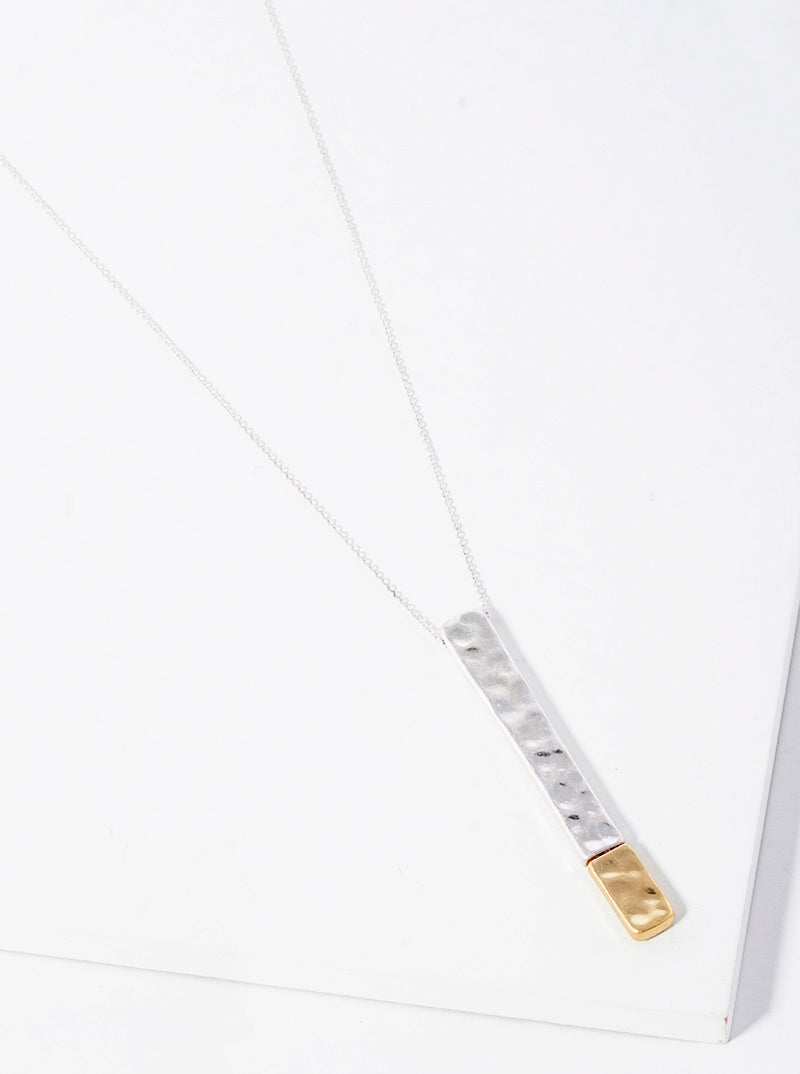Two Tone Hammered Metal Bar Pendant Long Necklace
