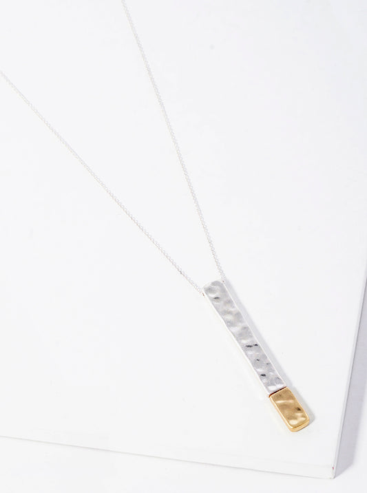 Two Tone Hammered Metal Bar Pendant Long Necklace