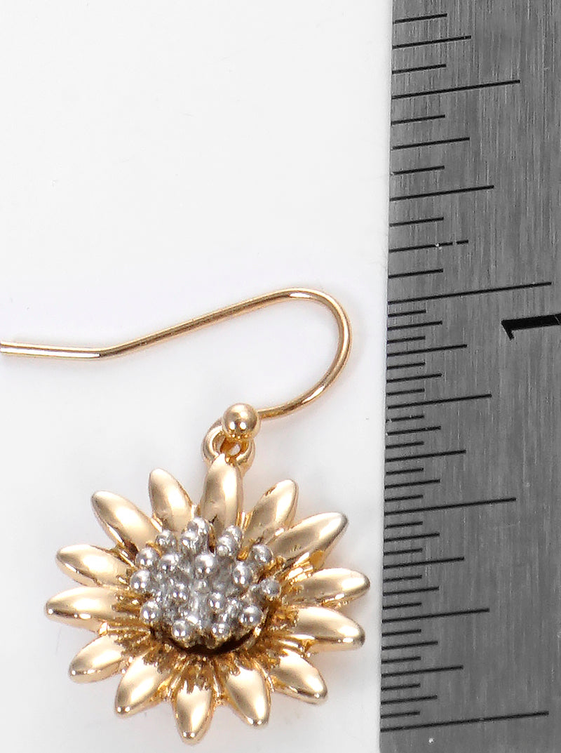 Two Tone Metal Floral Flower Dangle Drop Earrings