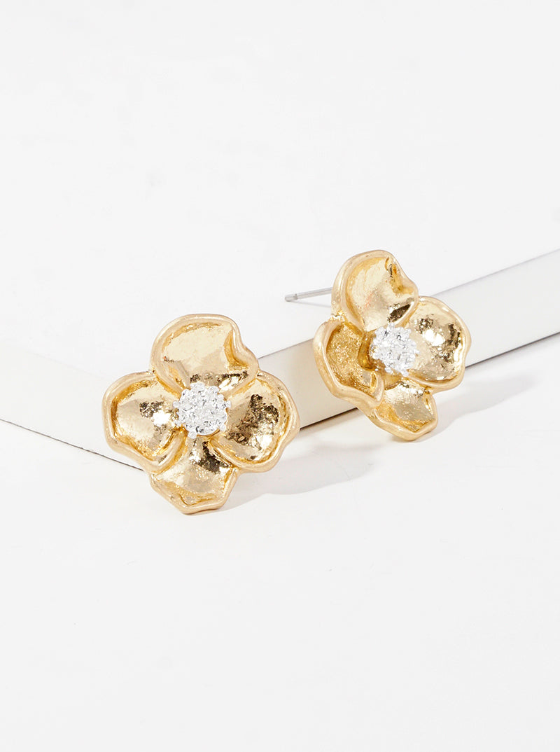 Two Tone Metal Floral Flower Post Stud Earrings