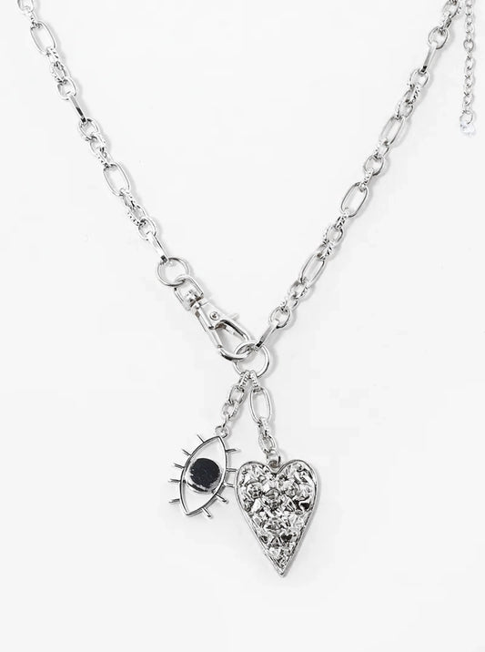 Two Tone Metal Heart And Evil Eye Pendant Chain Necklace