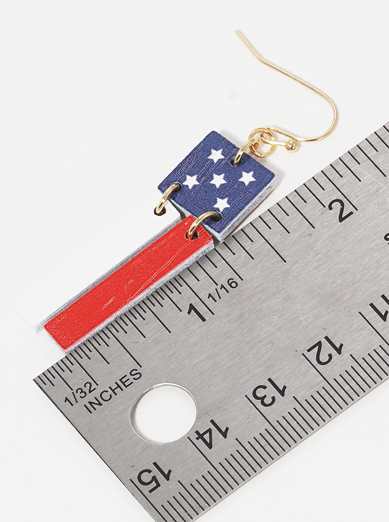 USA American Patriotic Wooden Square Bar Drop Dangle Earrings