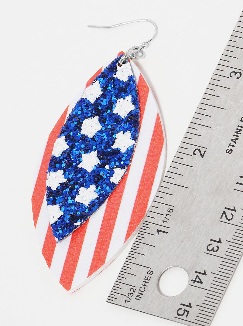 USA Flag Marquise Shape Patriotic Leatherette Dangle Drop Earrings