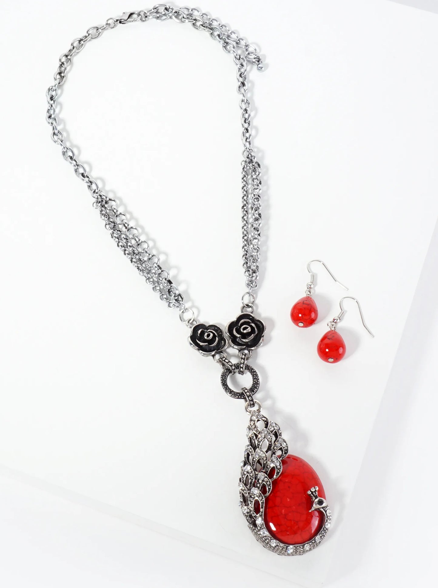 Vintage Peacock Pendant Necklace Surrounded By Semi-Precious Stone Set-with-Earrings
