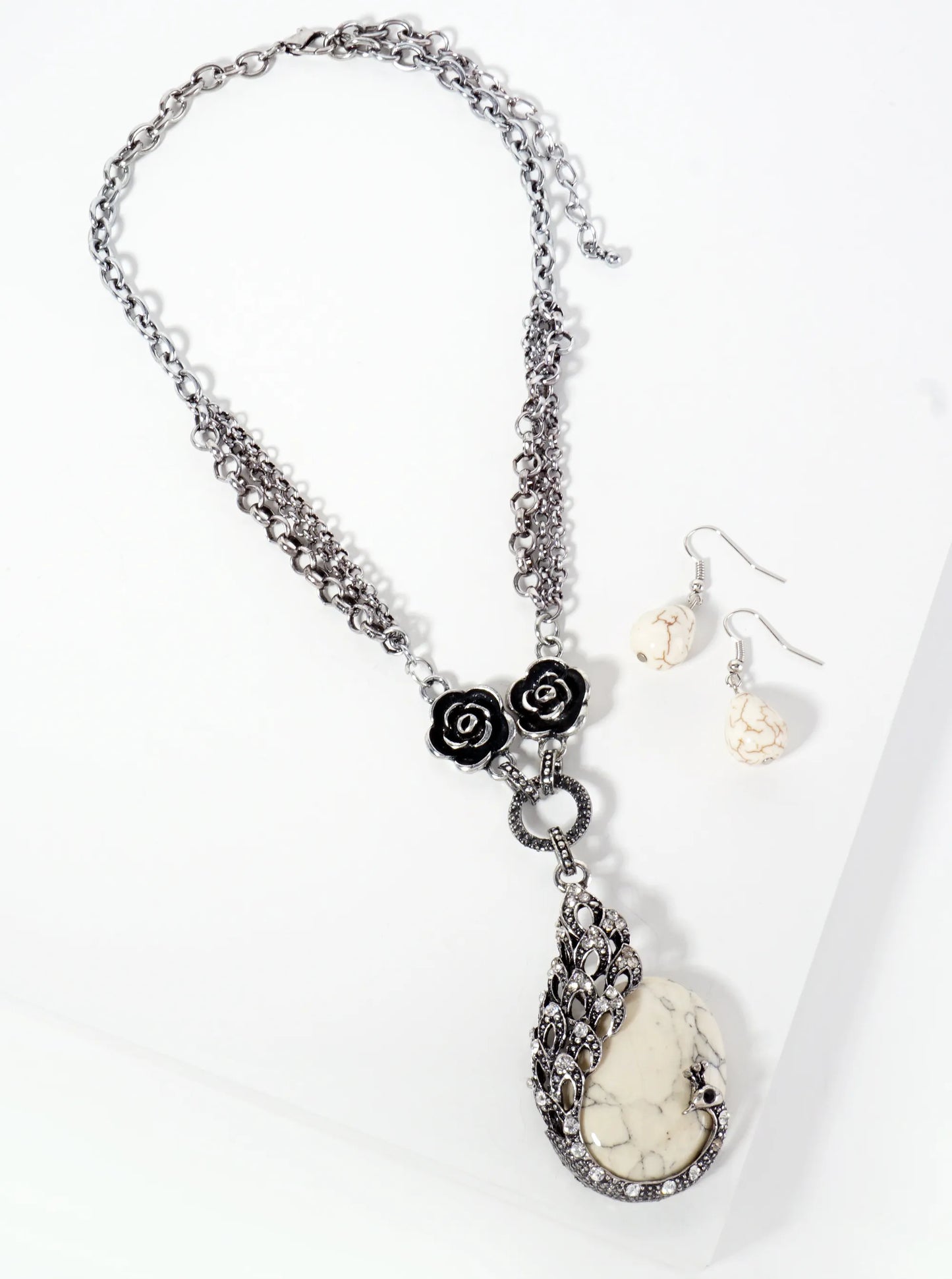 Vintage Peacock Pendant Necklace Surrounded By Semi-Precious Stone Set-with-Earrings