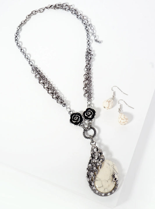 Vintage Peacock Pendant Necklace Surrounded By Semi-Precious Stone Set-with-Earrings
