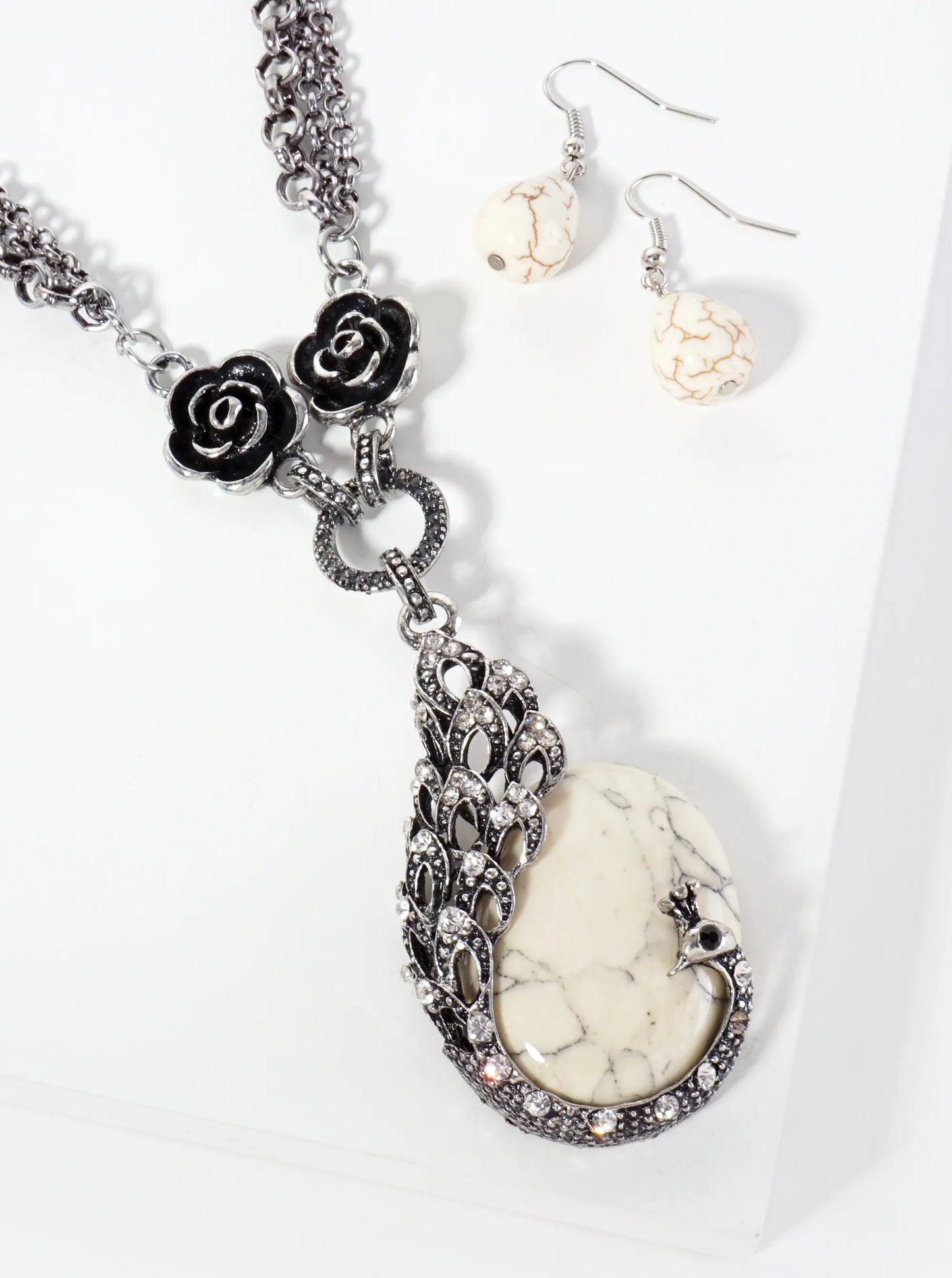 Vintage Peacock Pendant Necklace Surrounded By Semi-Precious Stone Set-with-Earrings