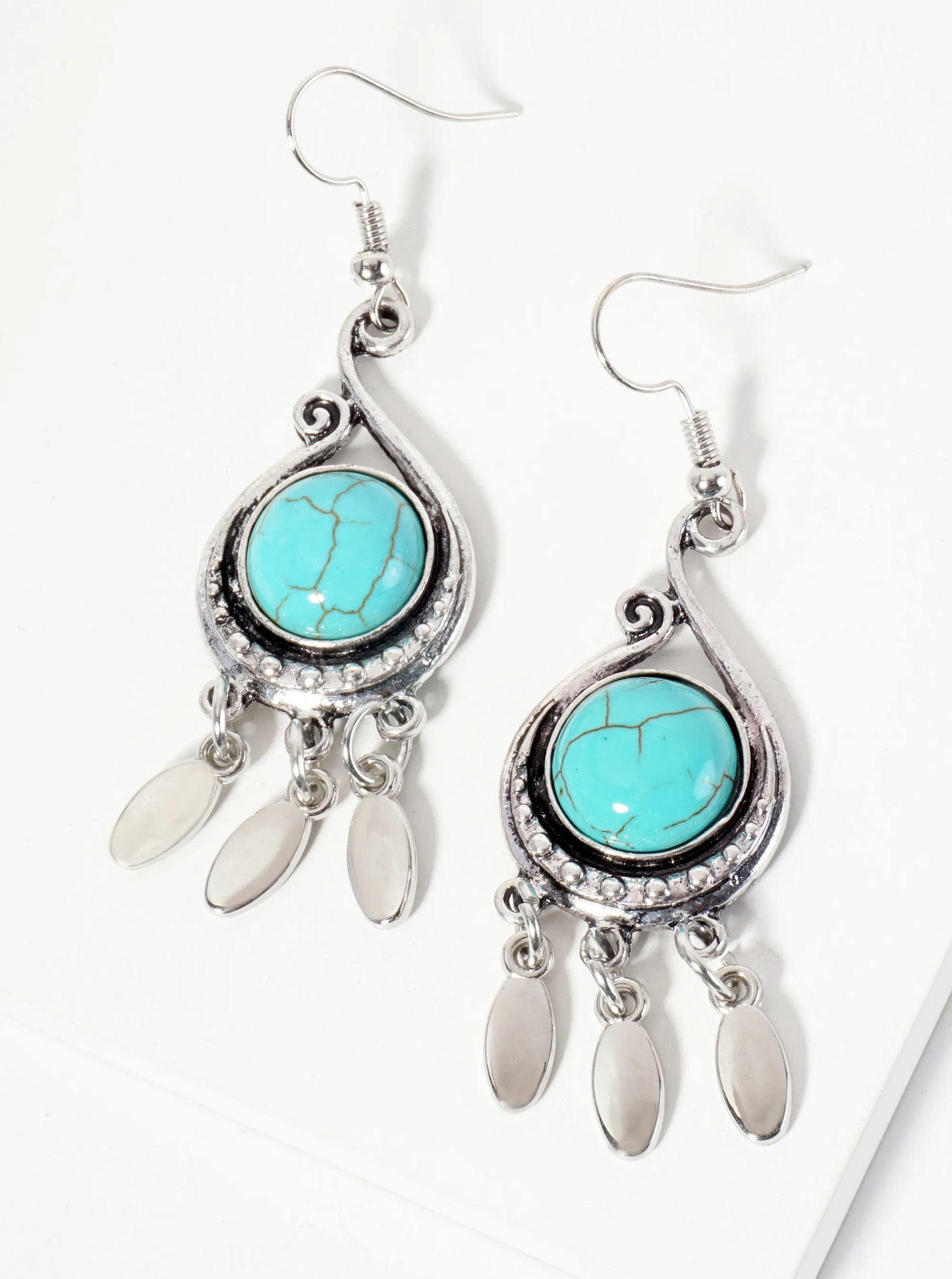 Vintage Semi-Precious Natural-Stone Teardrop-Shape Bohemian Western Dangle Drop Earrings