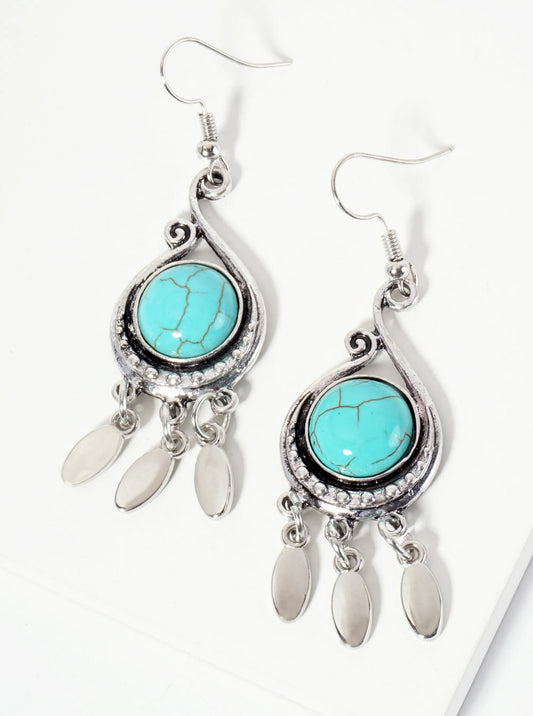 Vintage Semi-Precious Natural-Stone Teardrop-Shape Bohemian Western Dangle Drop Earrings