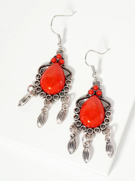 Vintage Semi-Precious Natural-Stone Teardrop-Shape Bohemian Western Dangle Drop Earrings