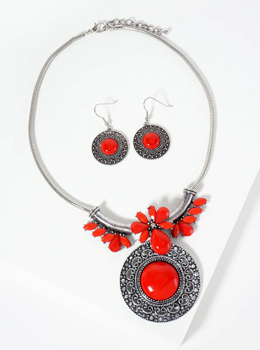 Vintage Semi-Precious Round Pendant Bohemian Necklace Set-with-Earrings