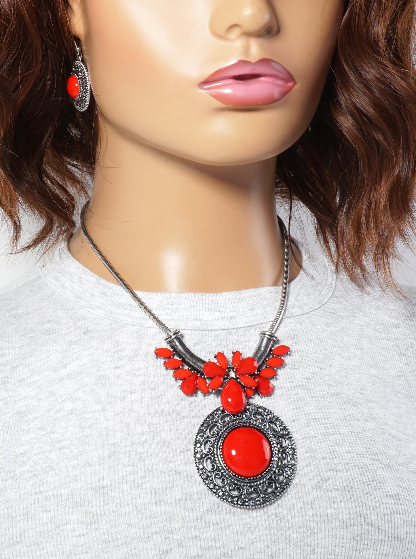 Vintage Semi-Precious Round Pendant Bohemian Necklace Set-with-Earrings