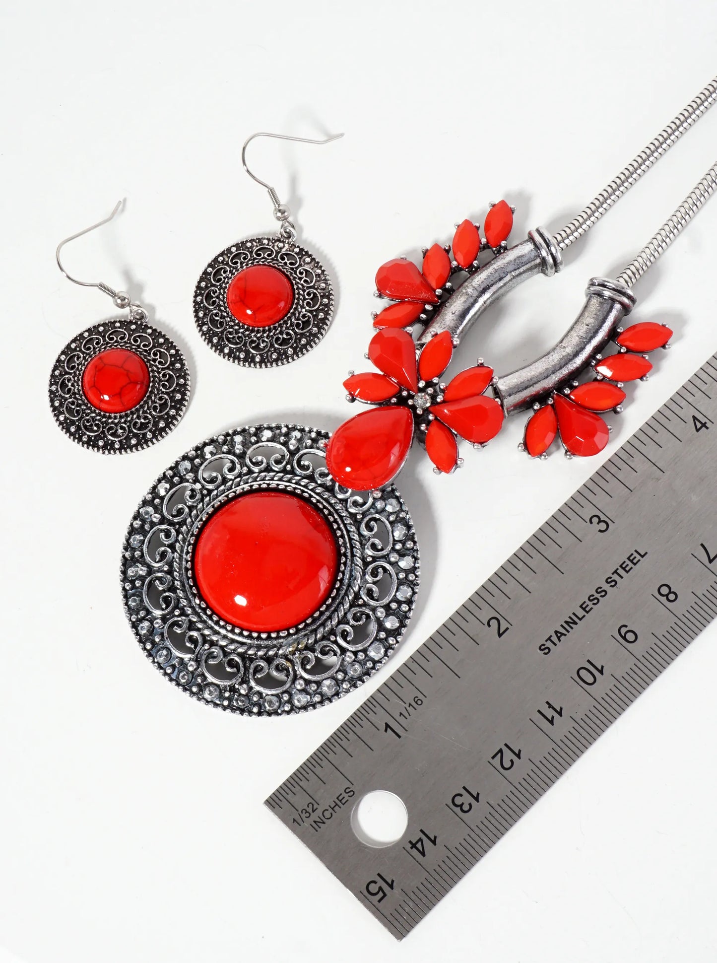 Vintage Semi-Precious Round Pendant Bohemian Necklace Set-with-Earrings