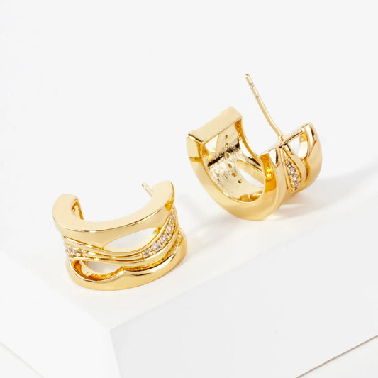 Wave CZ Center 18mm 14K-Gold-Dipped Push-Back Hoop Earrings