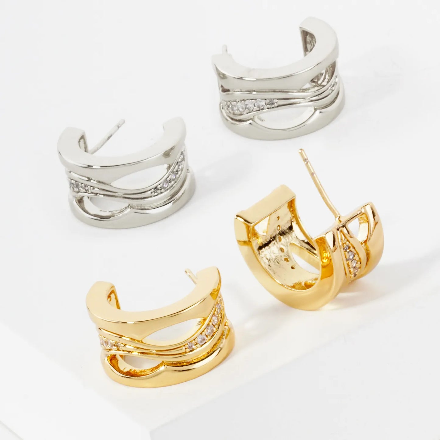 Wave CZ Center 18mm 14K-Gold-Dipped Push-Back Hoop Earrings