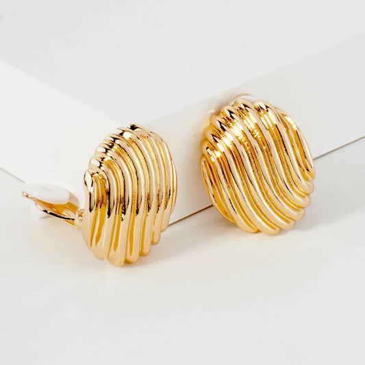 Wavy-Texture Metal Oval Clip-On Earrings