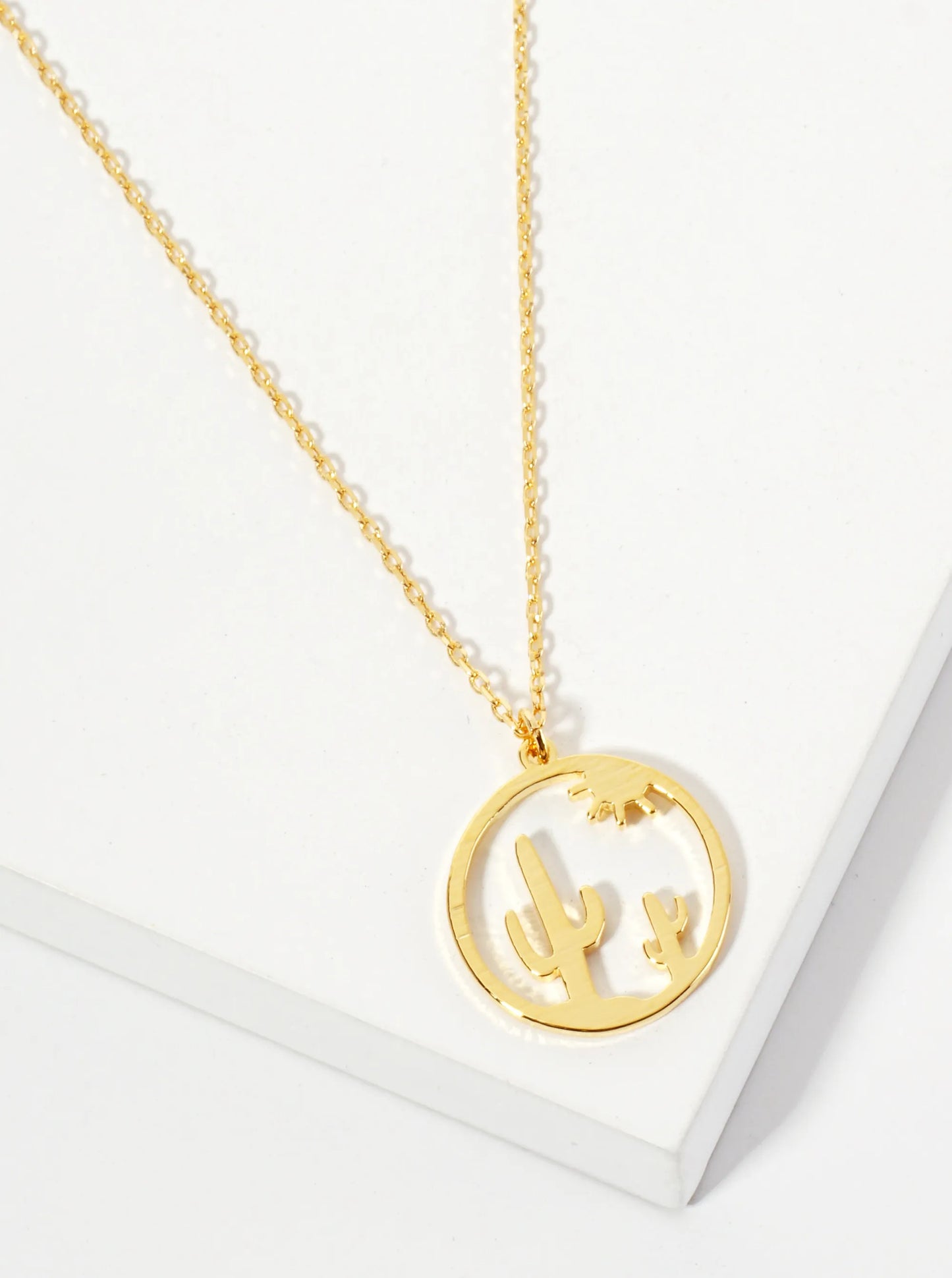 Western-Inspired Brushed-Texture 18K-Gold-Dipped Cut-out Cactus Circle Pendant Necklace