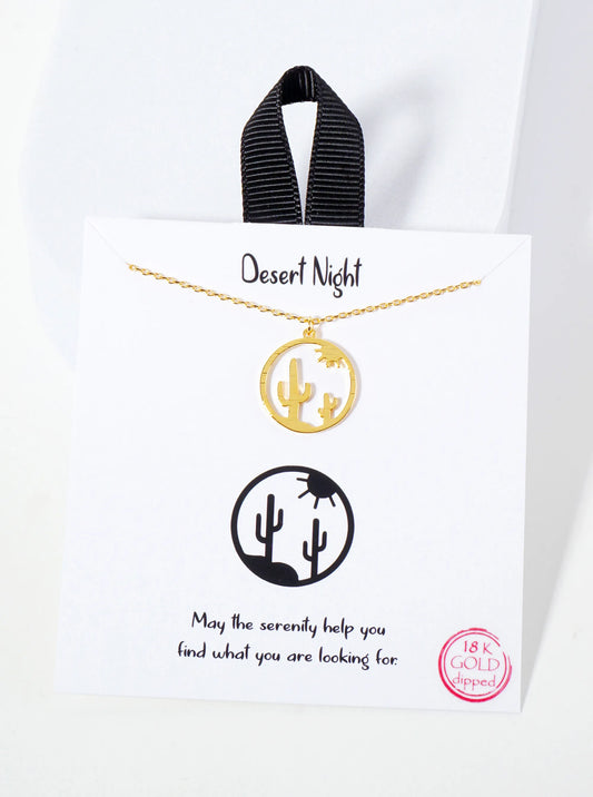 Western-Inspired Brushed-Texture 18K-Gold-Dipped Cutout Cactus Circle Pendant Necklace